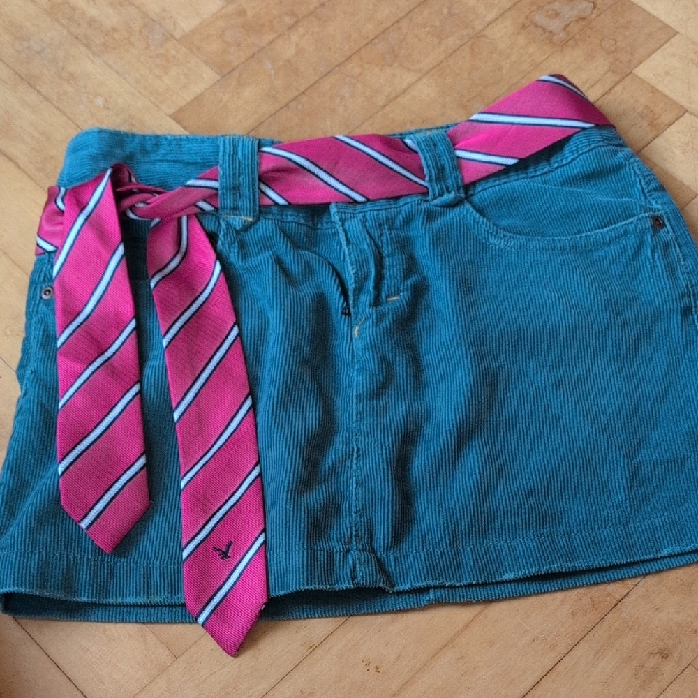 Teal Corduroy Skirt with Pink Striped Belt